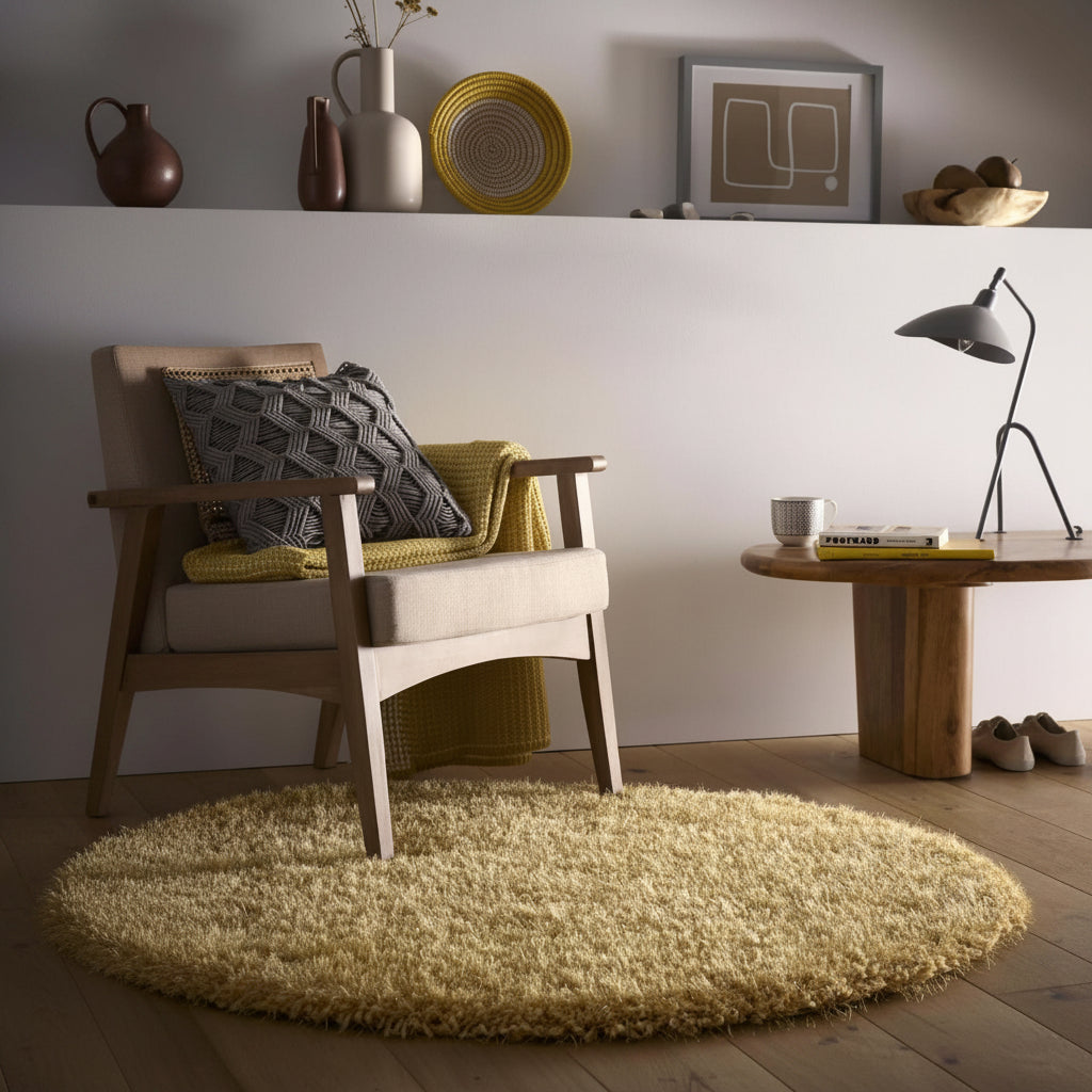 Modern living room with a round beige rug, wooden chair, and side table.