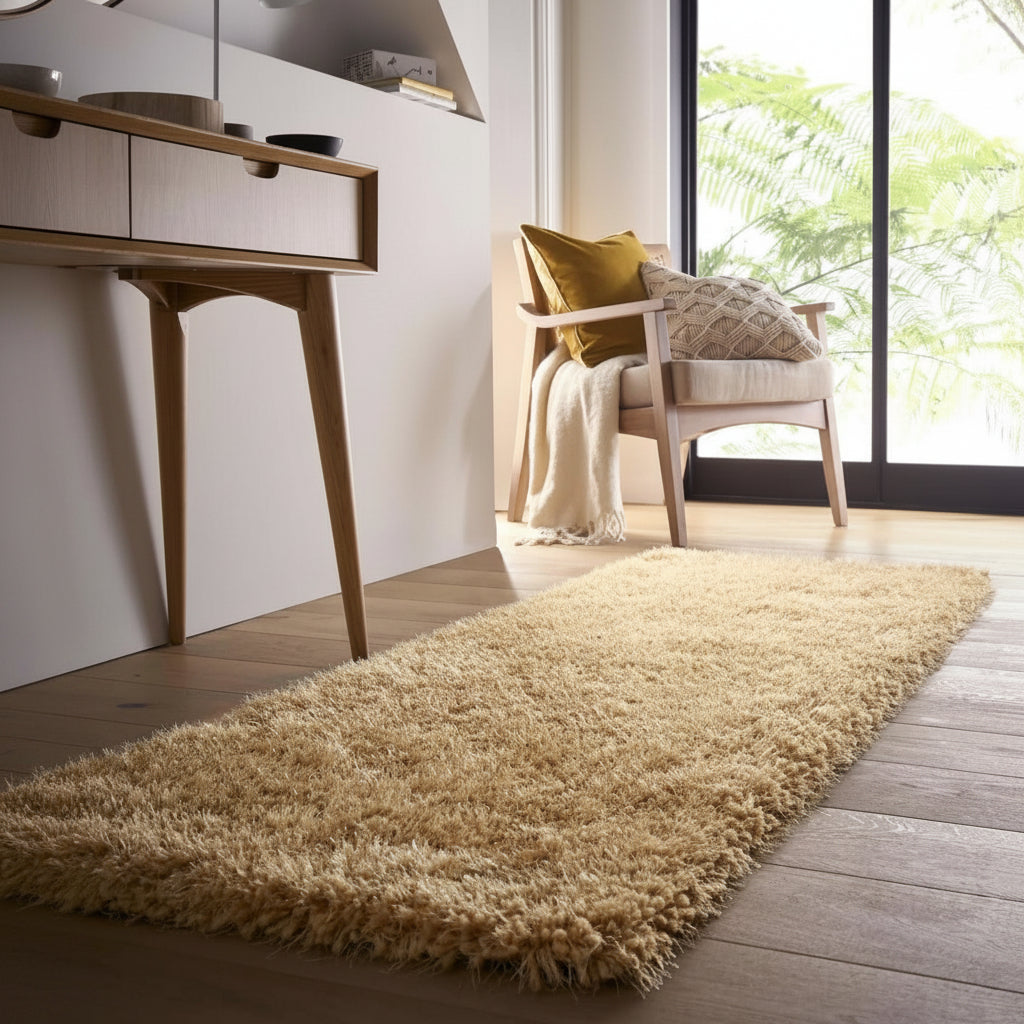 Beige rug on a wooden floor in a modern room with a desk and chair.