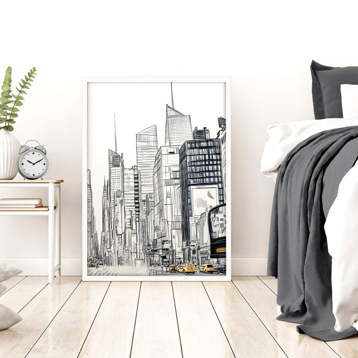 Cityscape artwork on a wall in a bedroom with a bed and nightstand.