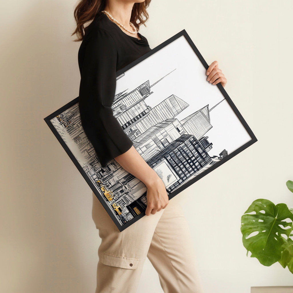 Person holding a framed black and white architectural drawing against a neutral background