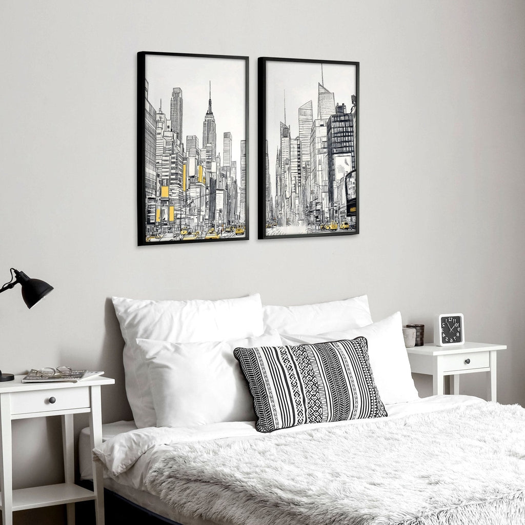 Bedroom with cityscape artwork on the wall