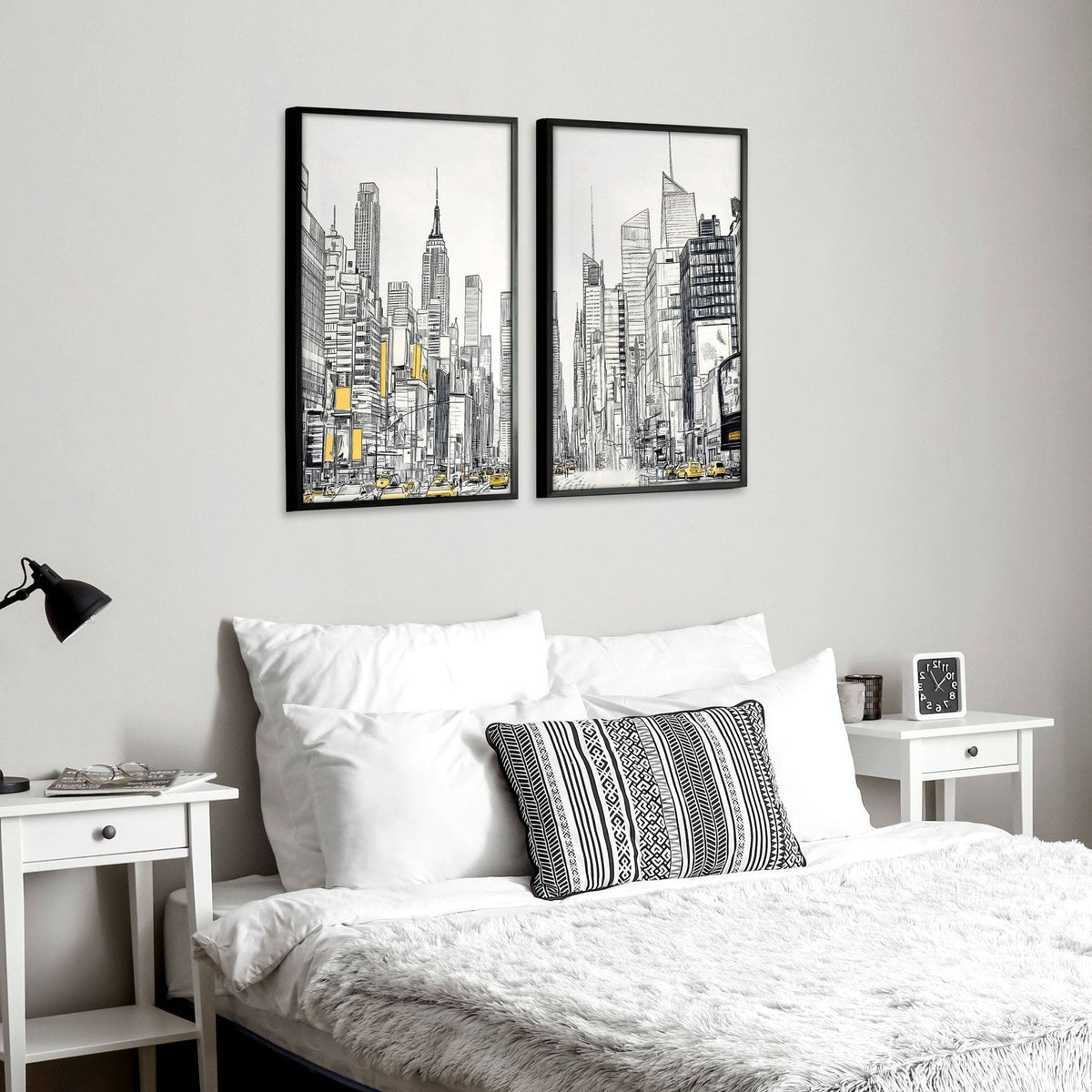 Bedroom with cityscape artwork on the wall