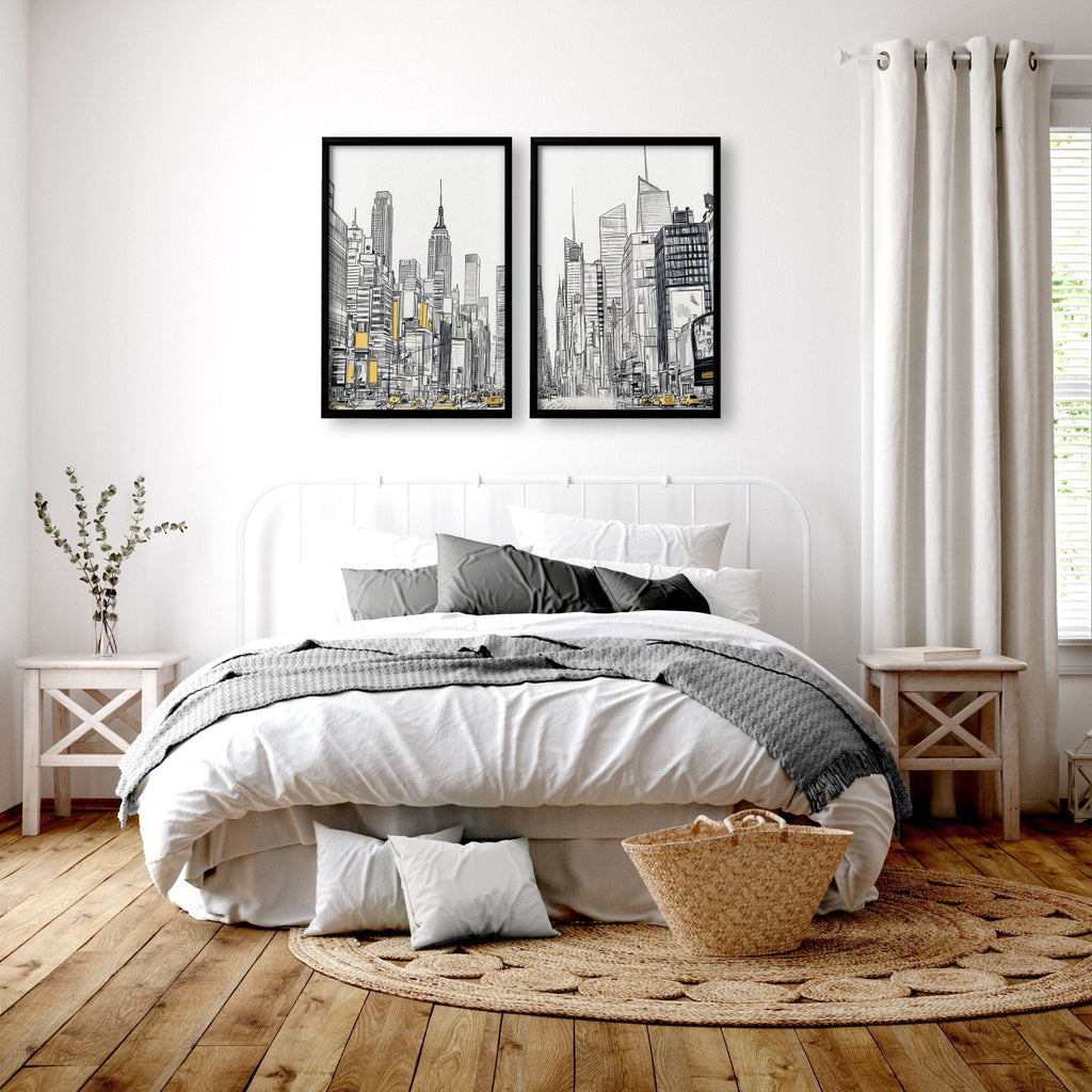 Modern bedroom with a bed, nightstands, and cityscape wall art.