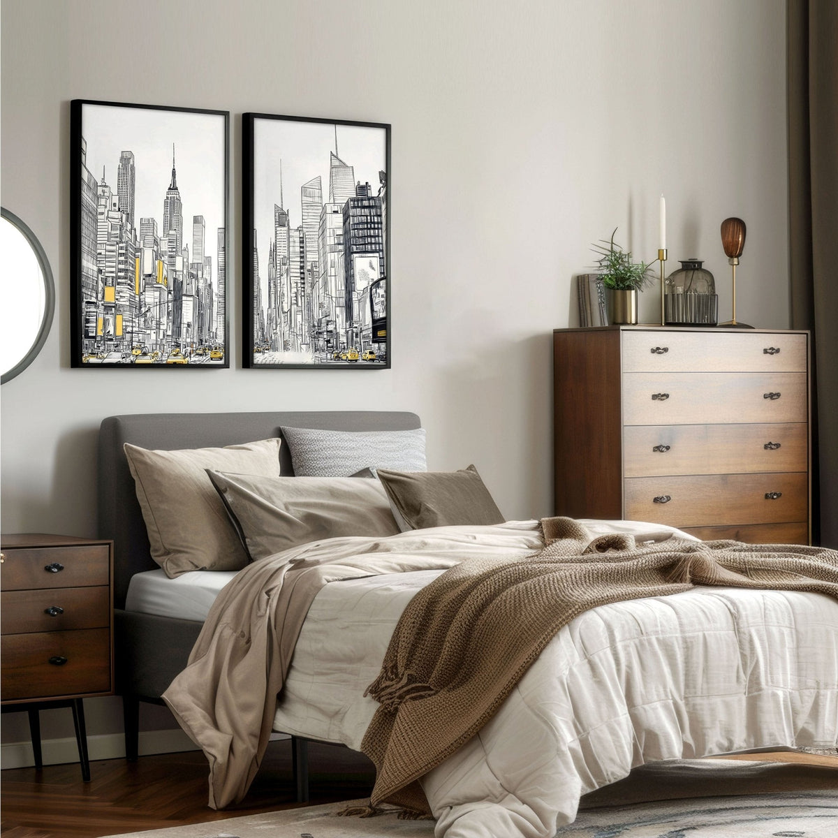 Neatly made bed with cityscape wall art and wooden furniture in a bedroom setting.