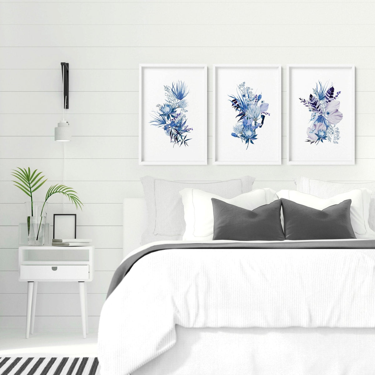 Blue Grey Walls Bedroom Set of 3 Botanical Prints