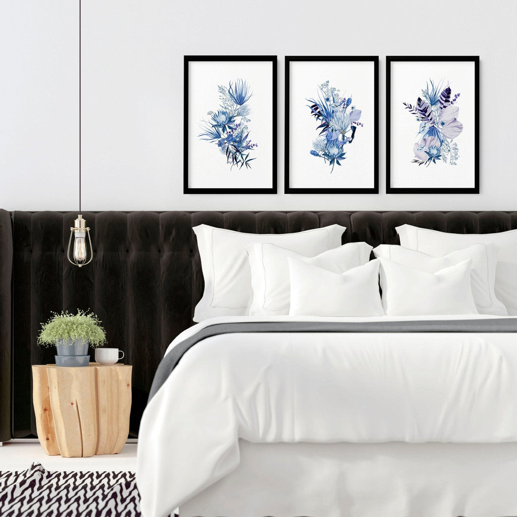 Blue Grey Walls Bedroom Set of 3 Botanical Prints