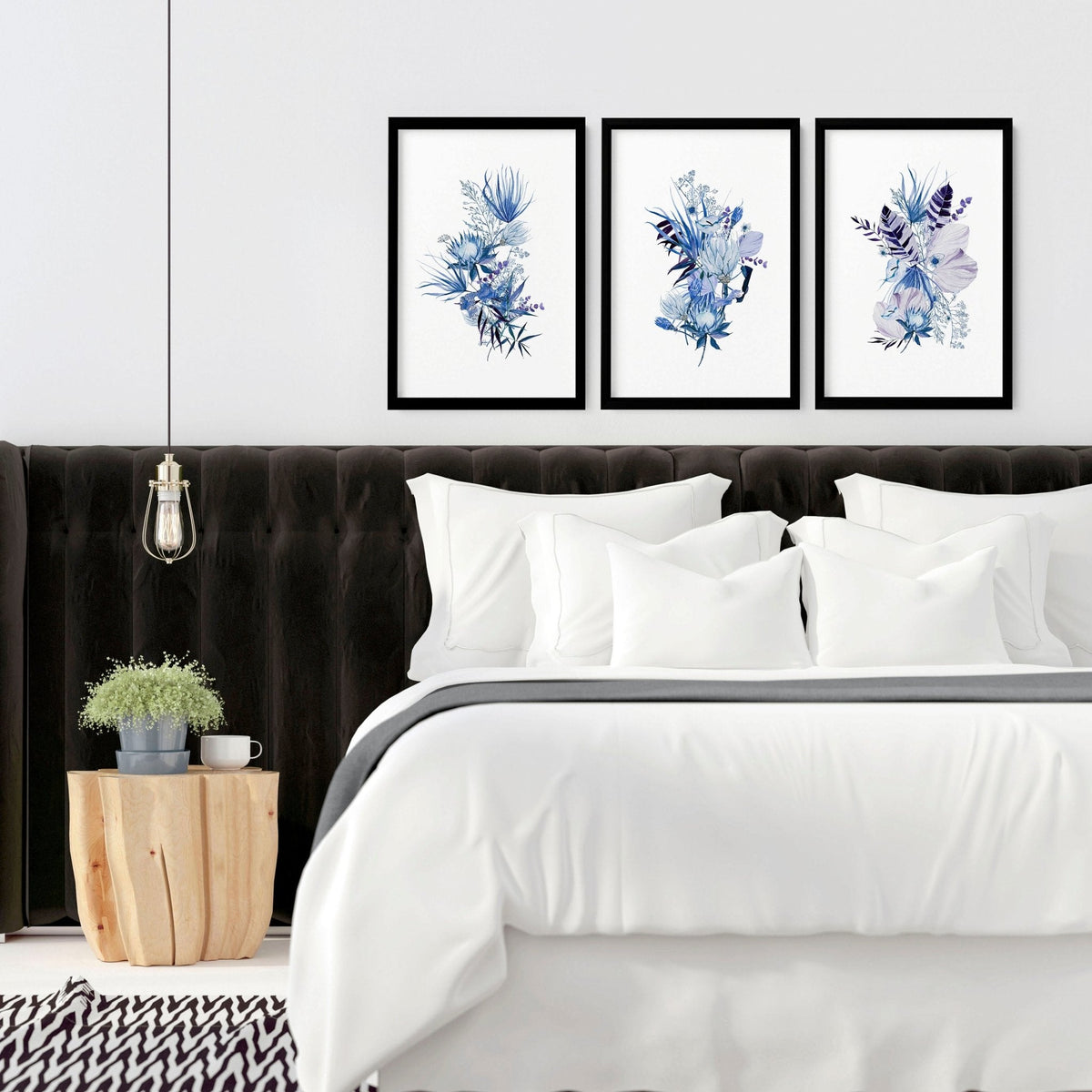 Blue Grey Walls Bedroom Set of 3 Botanical Prints