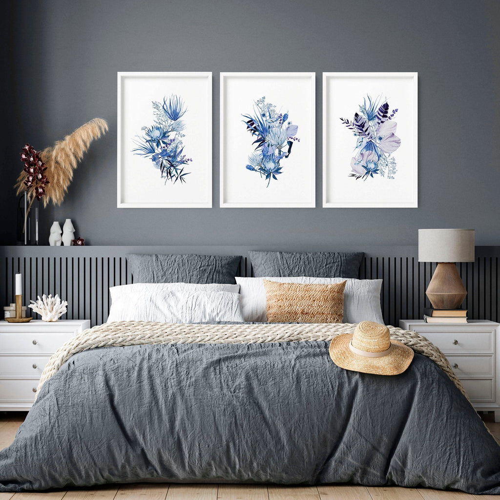 Blue Grey Walls Bedroom Set of 3 Botanical Prints