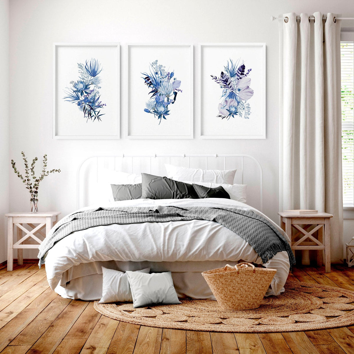 Blue Grey Walls Bedroom Set of 3 Botanical Prints