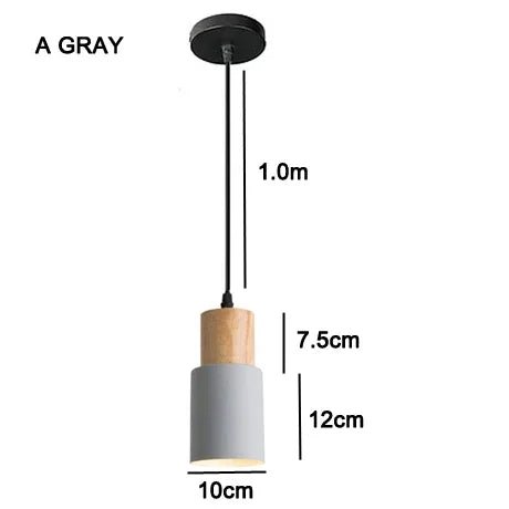 Gray pendant light with dimensions on a white background