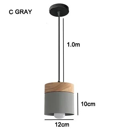Gray pendant light with wooden accent and measurement details on a white background