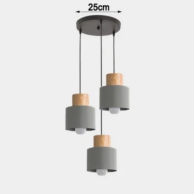 Three pendant lights with gray and wooden design on a white background