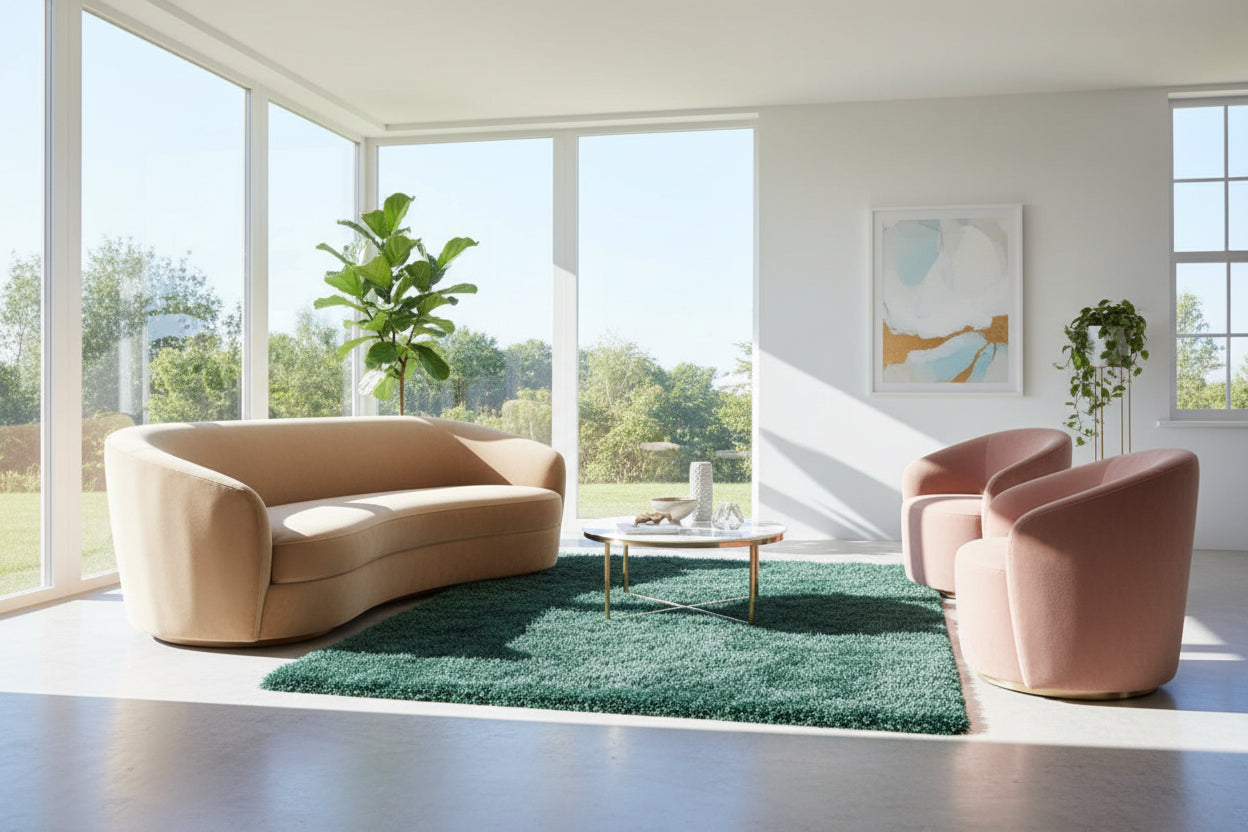 Green rug on a light gray floor with a black chair and small table in a bright room.