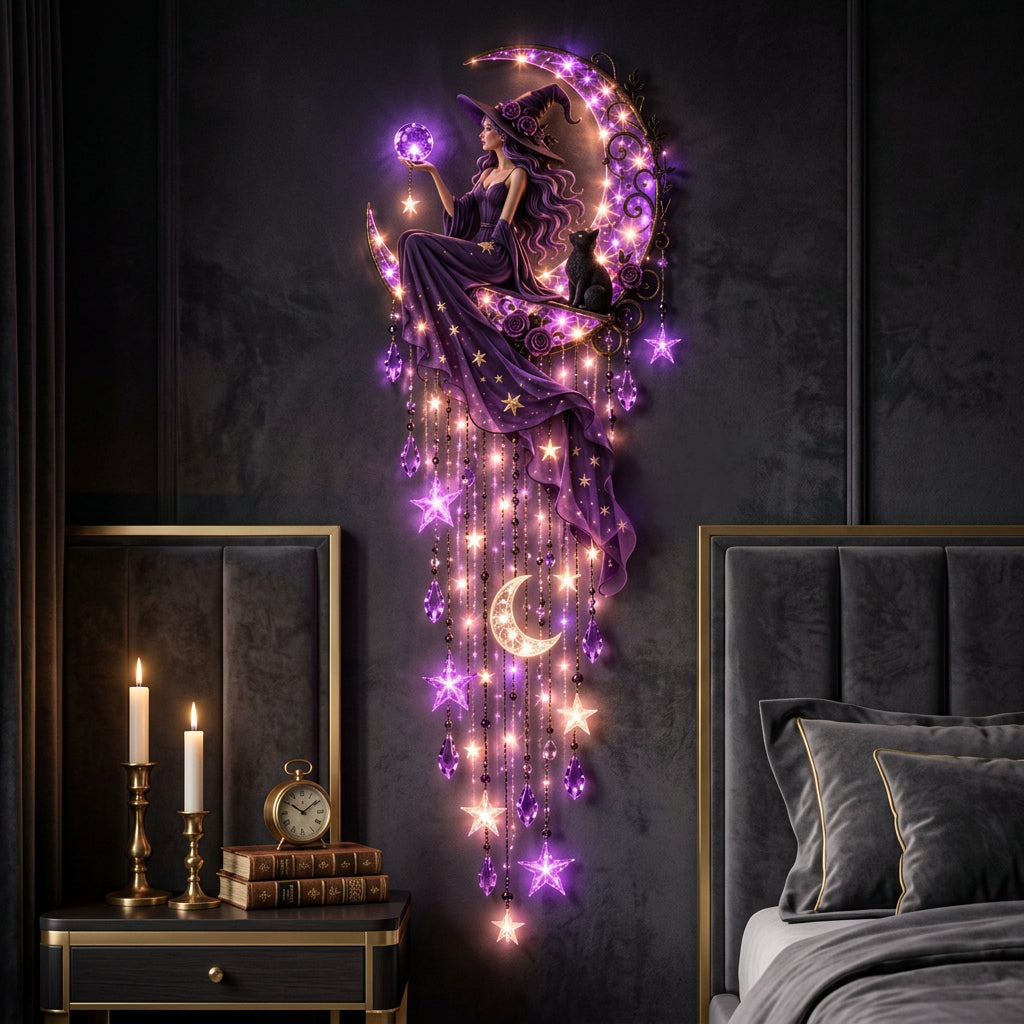 A split comparison showing a decorative wall hanging in two states: DAY on the left and NIGHT on the right. The product is a witch-themed crescent moon wall decor featuring a seated witch in a purple gown, a black cat, hanging purple star and teardrop charms, and warm LED star and moon lights.