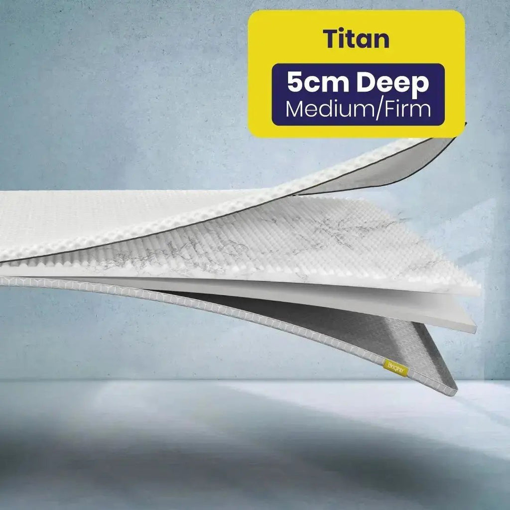 5cm deep medium/firm mattress topper with Titan branding on a light blue background
