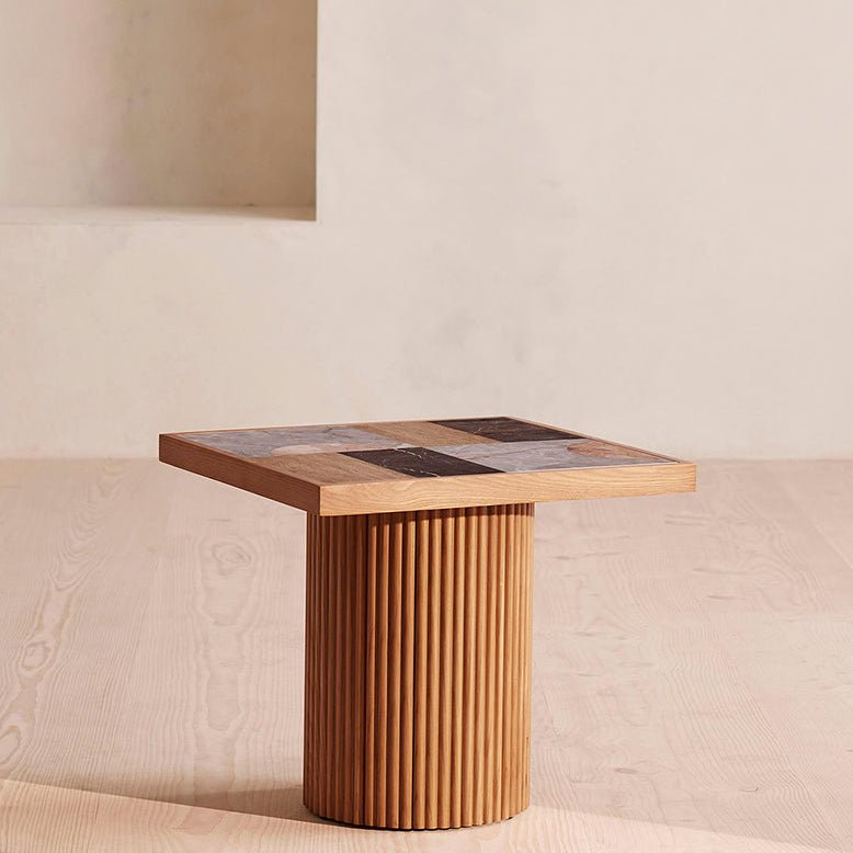 D'Souza Square Side Table, Solid Wood & Marble - MOOAZAA