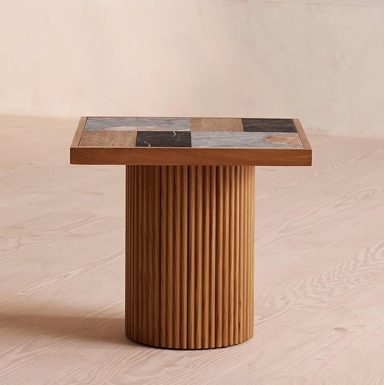 D'Souza Square Side Table, Solid Wood & Marble - MOOAZAA