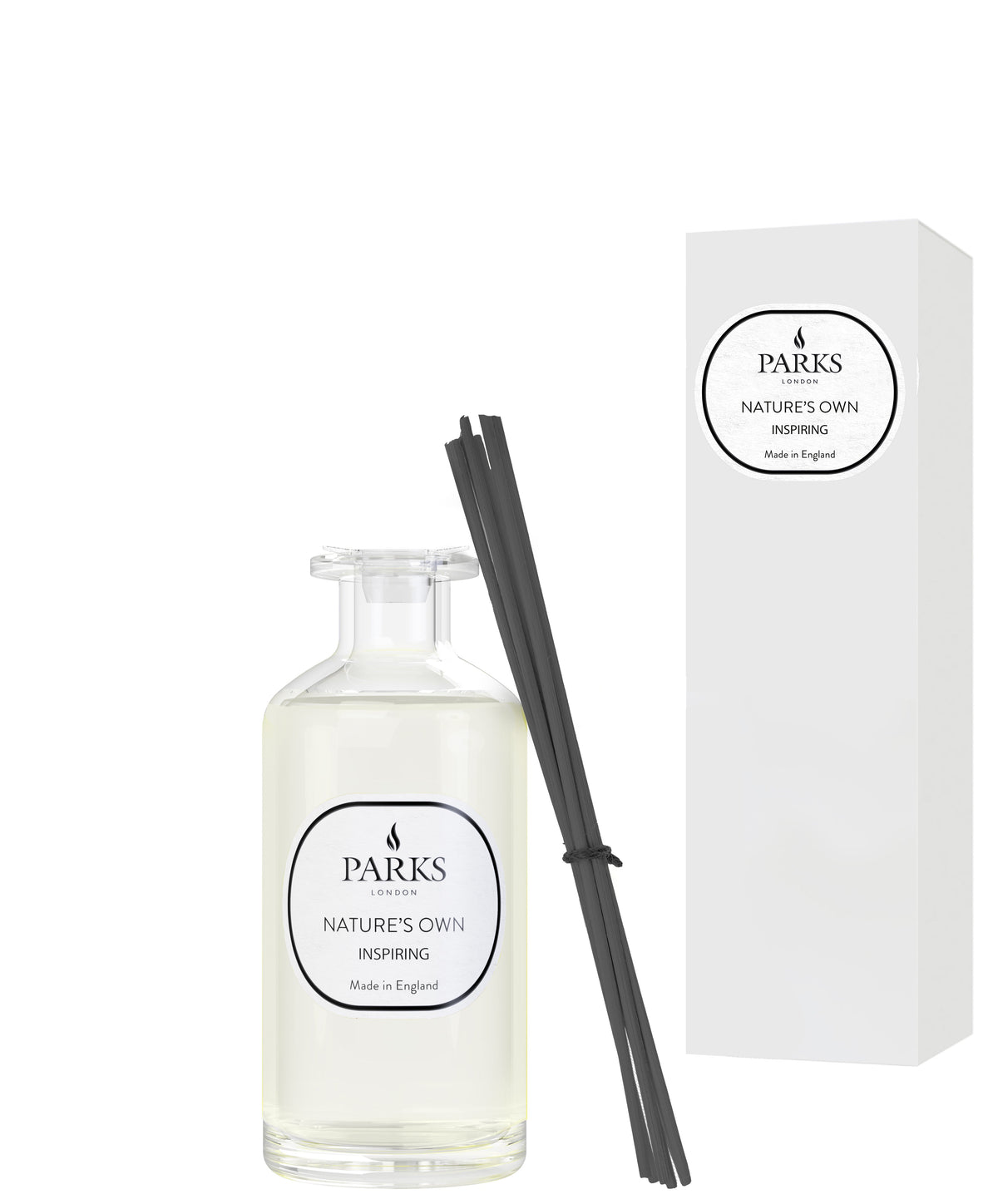Parks diffuser bottle with black reeds and packaging on a white background