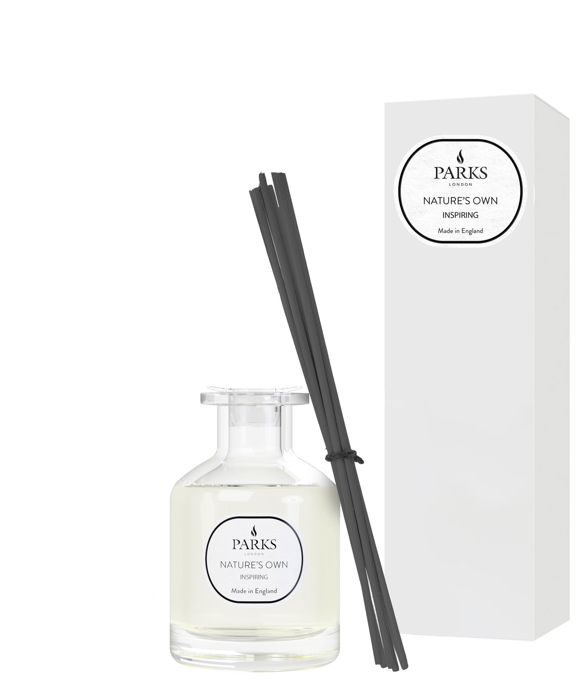 Parks diffuser bottle with black reeds and packaging on a white background