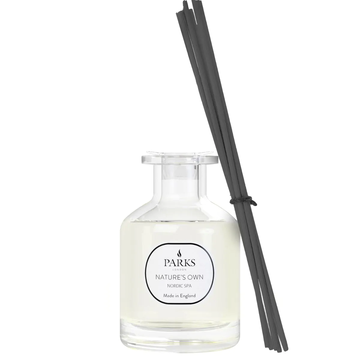 Parks diffuser bottle with black reeds on a white background