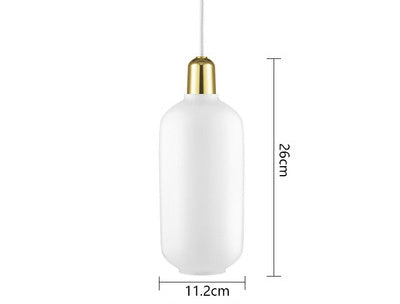 White pendant light with gold fixture and dimensions on a white background