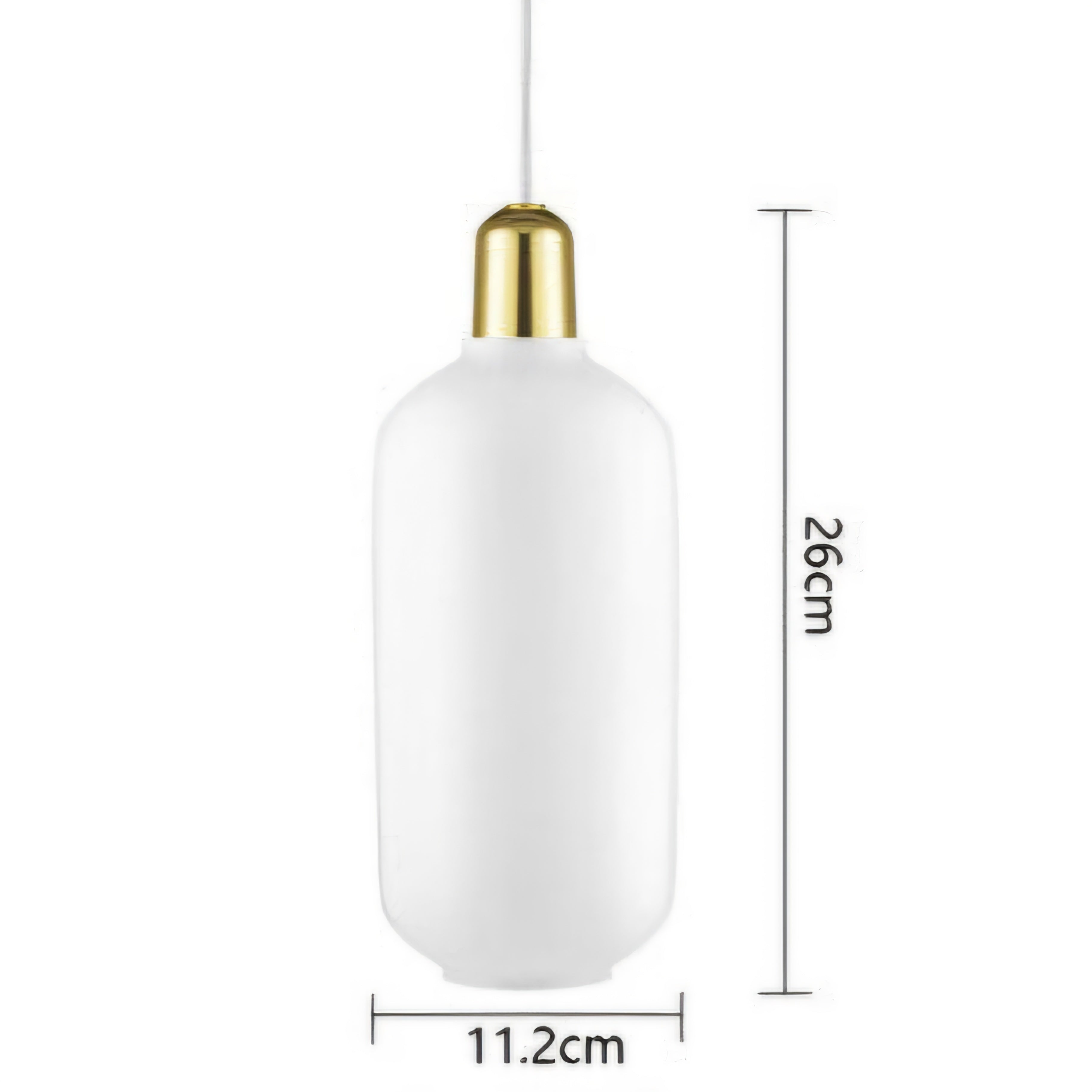 A frosted white pendant light with a gold-toned cap, shown with dimension lines indicating a height of 26cm and a width of 11.2cm on a white background.