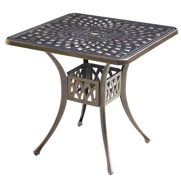 Square metal outdoor table with decorative design on a white background