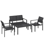 Outsunny 4 Piece Garden Furniture Set, Outdoor Sofa Set with HDPE Slatted Loveseat Armchairs Coffee Table Metal Frame, Black