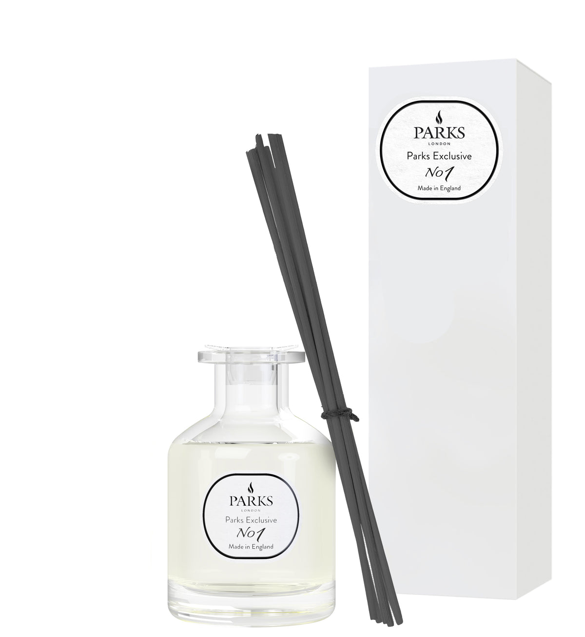 Parks diffuser bottle with black reeds and packaging on a white background