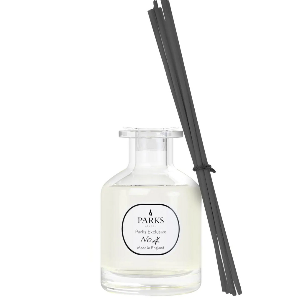 Parks diffuser bottle with black reeds on a white background