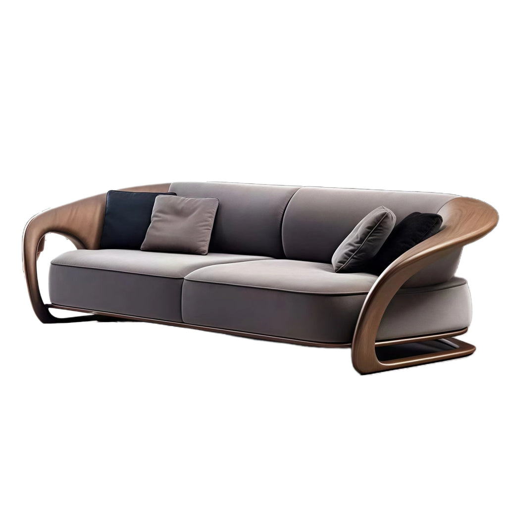 Gray sofa with wooden armrests on a white background