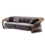 Gray sofa with wooden armrests on a white background