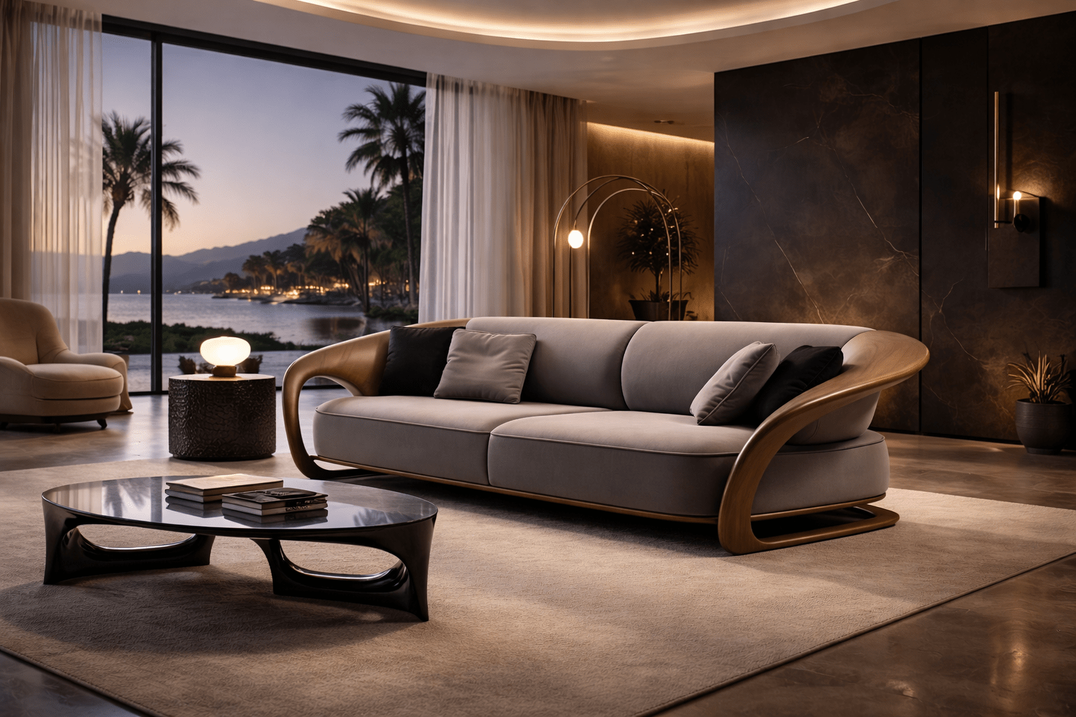 Modern living room with a gray sofa and glass coffee table, featuring a large window view of a waterfront.