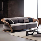 Modern gray sofa with wooden armrests in a minimalistic living room.
