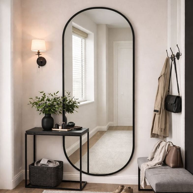 Emi - Full Length Black Metal Runway Oval Mirror - 180cm x 80cm - MOOAZAA