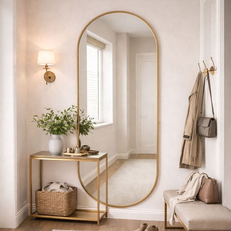 Niche with a large round mirror, small table with plants, and coat rack with bags.
