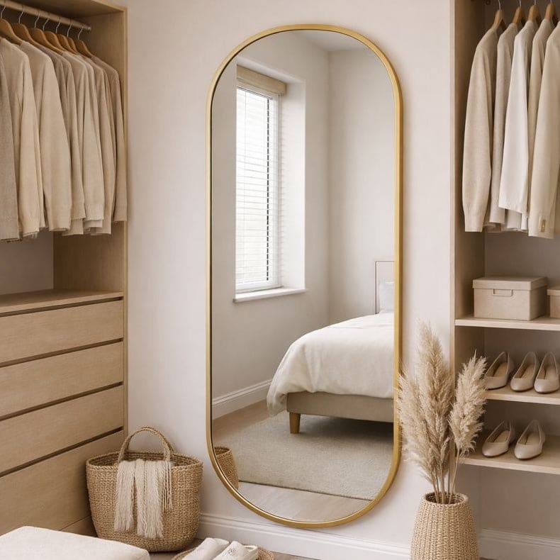 Neatly organized wardrobe with clothes, shoes, and a large mirror in a bedroom.