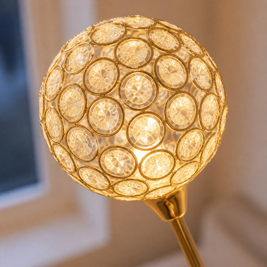 A close-up of a decorative table lamp with a glowing spherical shade made of circular clear crystal-like discs set in gold-toned metal, mounted on a gold stem.