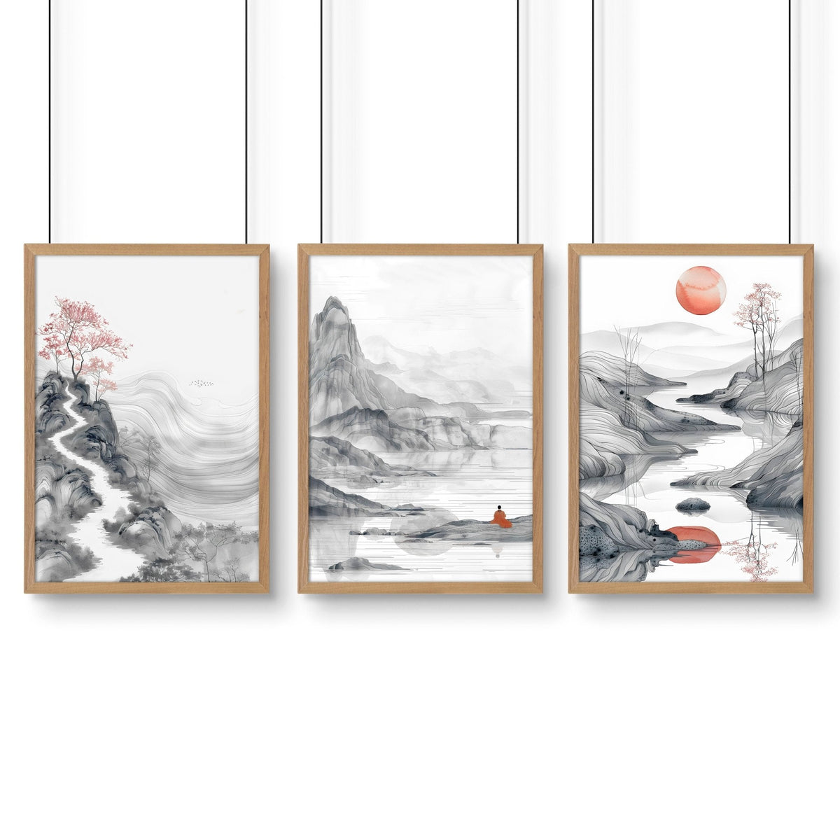 Extra Large Wall Art Framed | Set of 3 Asian Inspired Wall art Prints