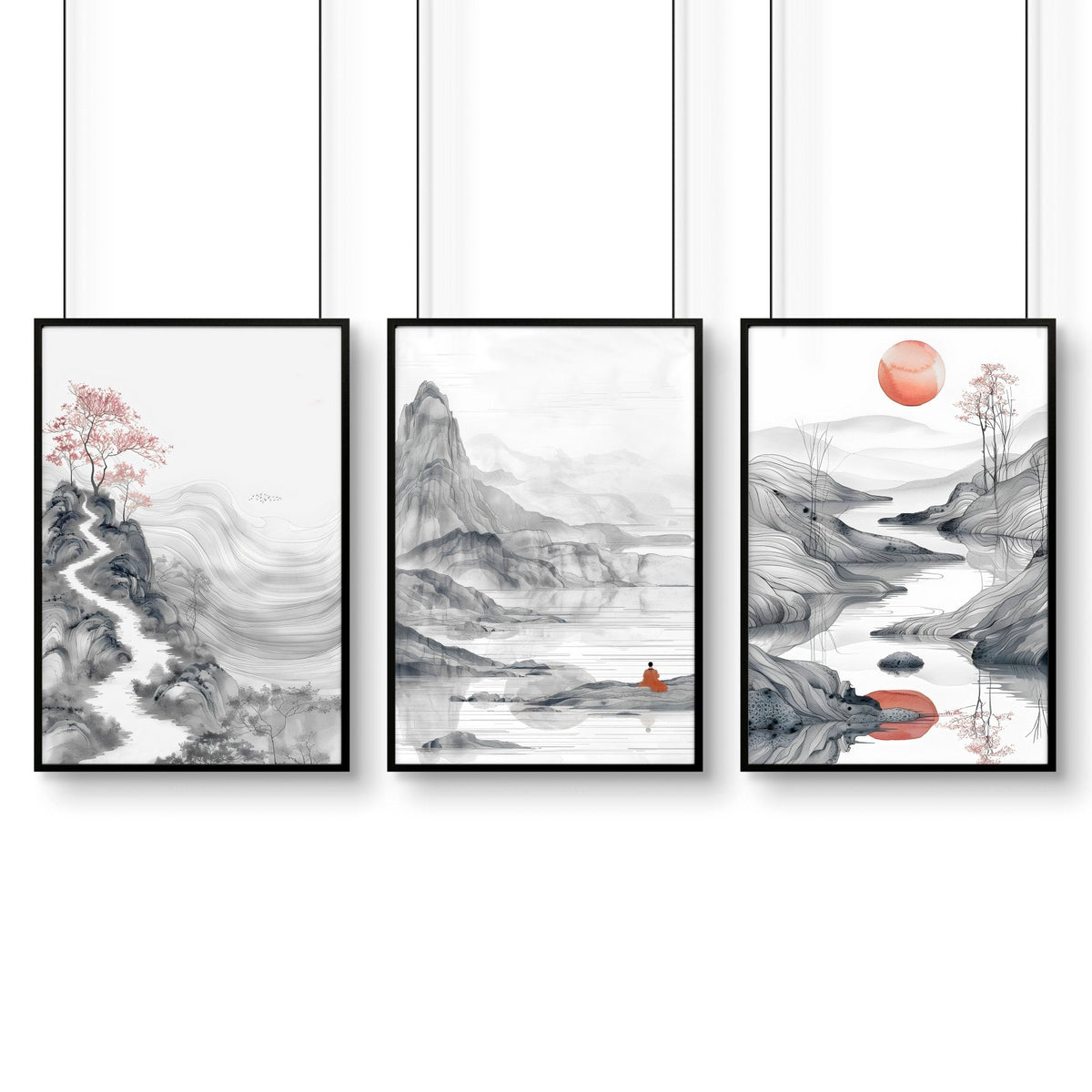 Extra Large Wall Art Framed | Set of 3 Asian Inspired Wall art Prints