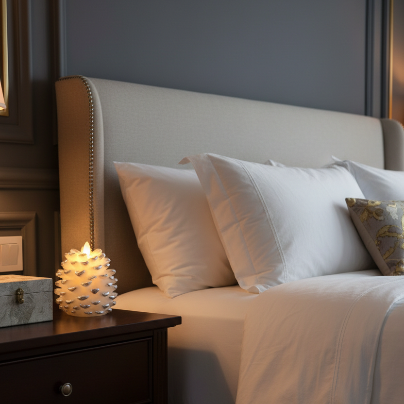 A close-up of a neatly made bed with white linens, a tall upholstered headboard, and a dark wood nightstand beside it holding a lit decorative candle.