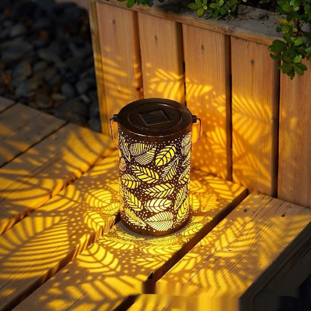Cross-border Retro Solar Lantern Iron Hollow Storm Lantern Courtyard Decoration Desk Lamp Garden Projection