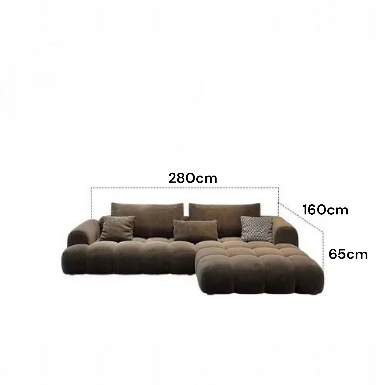 Brown sectional sofa with dimensions labeled on a white background