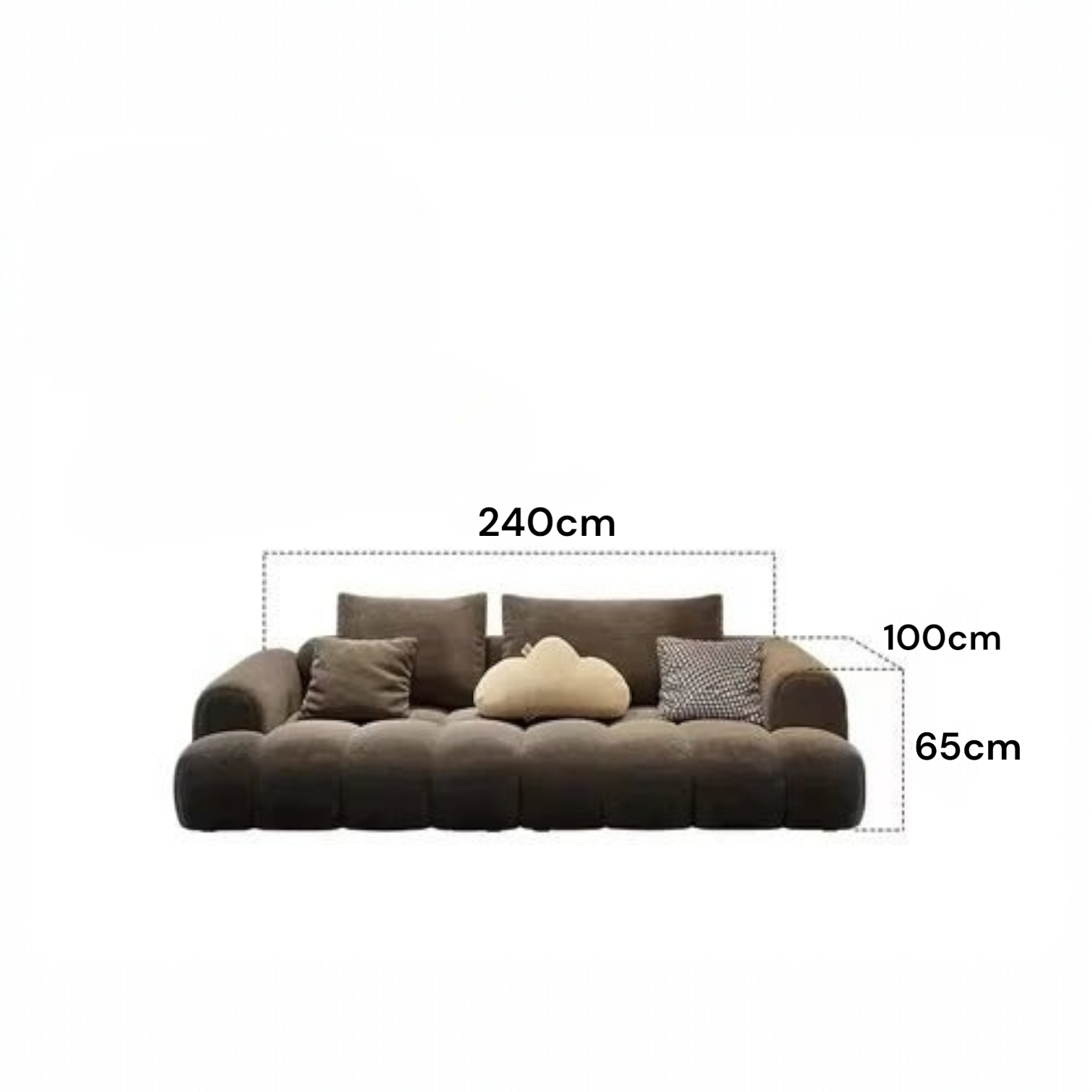 Brown sofa with dimensions labeled on a white background