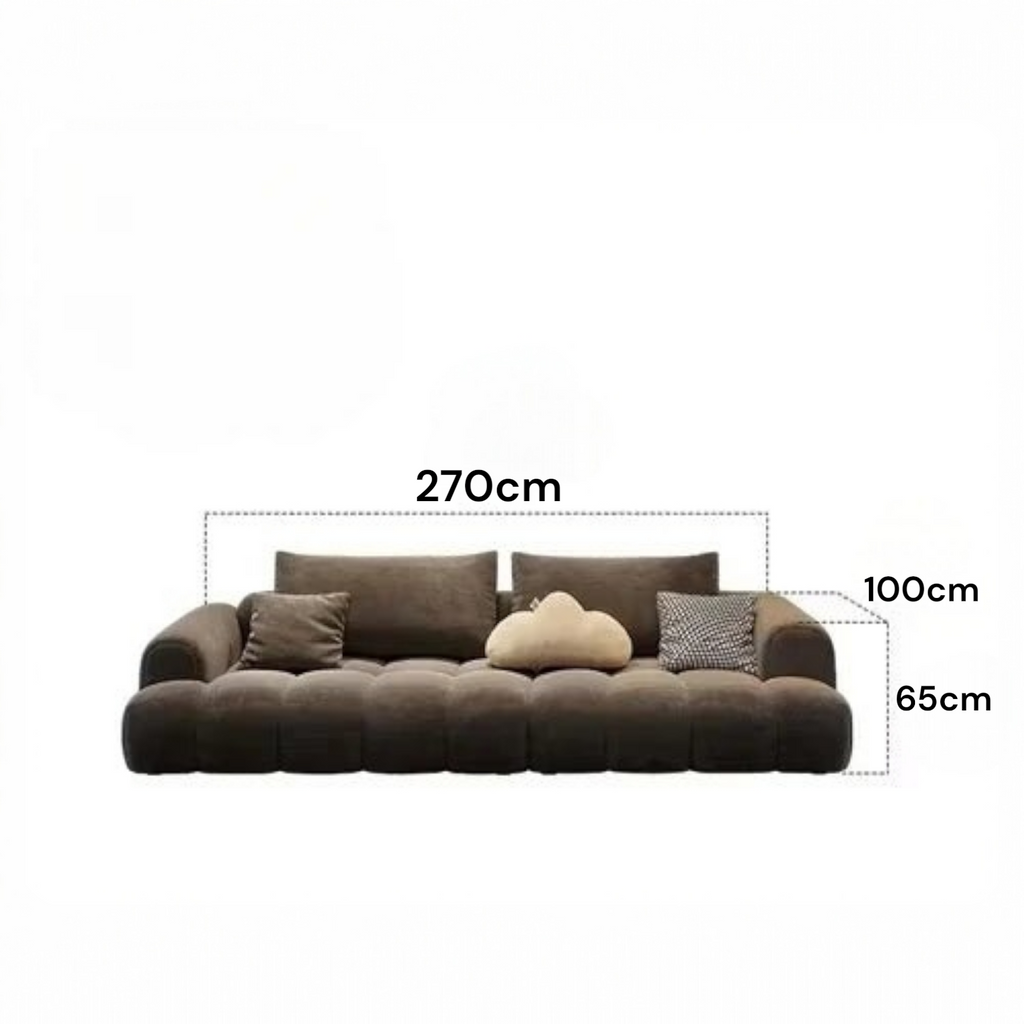 Brown sofa with dimensions labeled on a white background