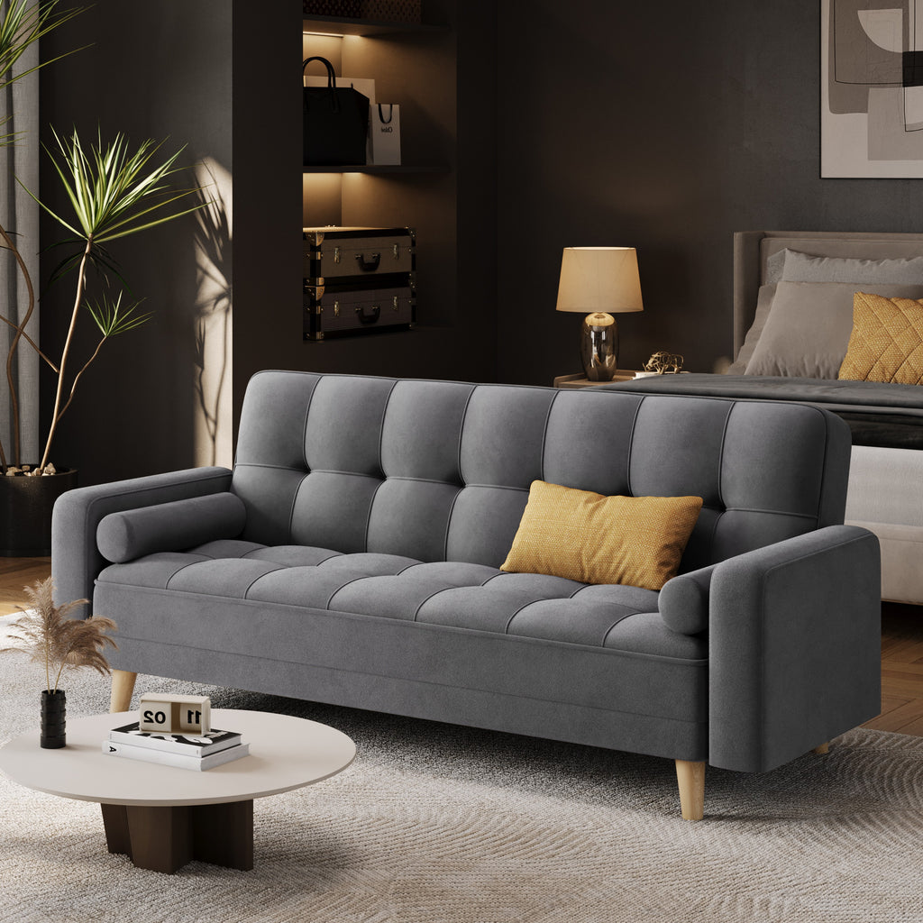 Gray sofa with yellow cushions in a living room setting