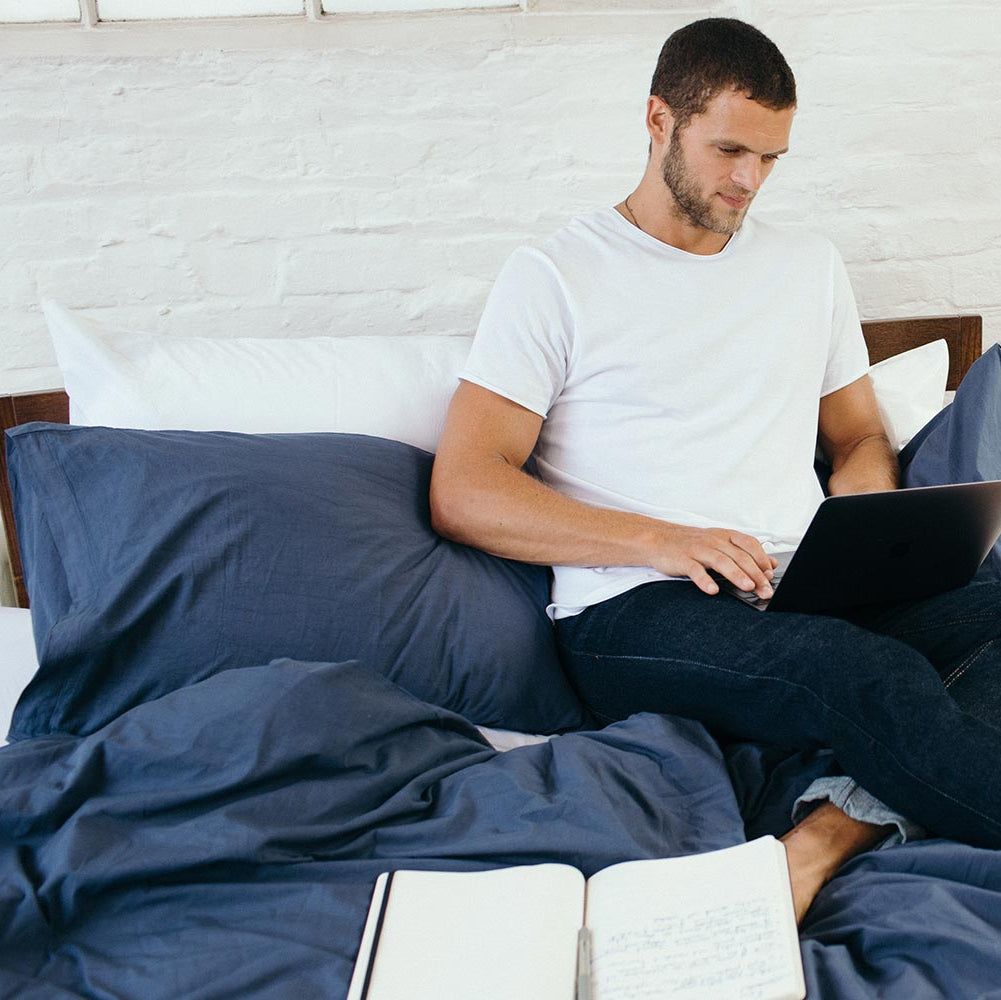 Man using a laptop on a bed in a cozy room with a plant and wooden table.
