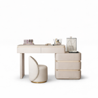 Beige vanity desk with chair on a white background