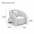 Measurement chart of a modern armchair with dimensions labeled.