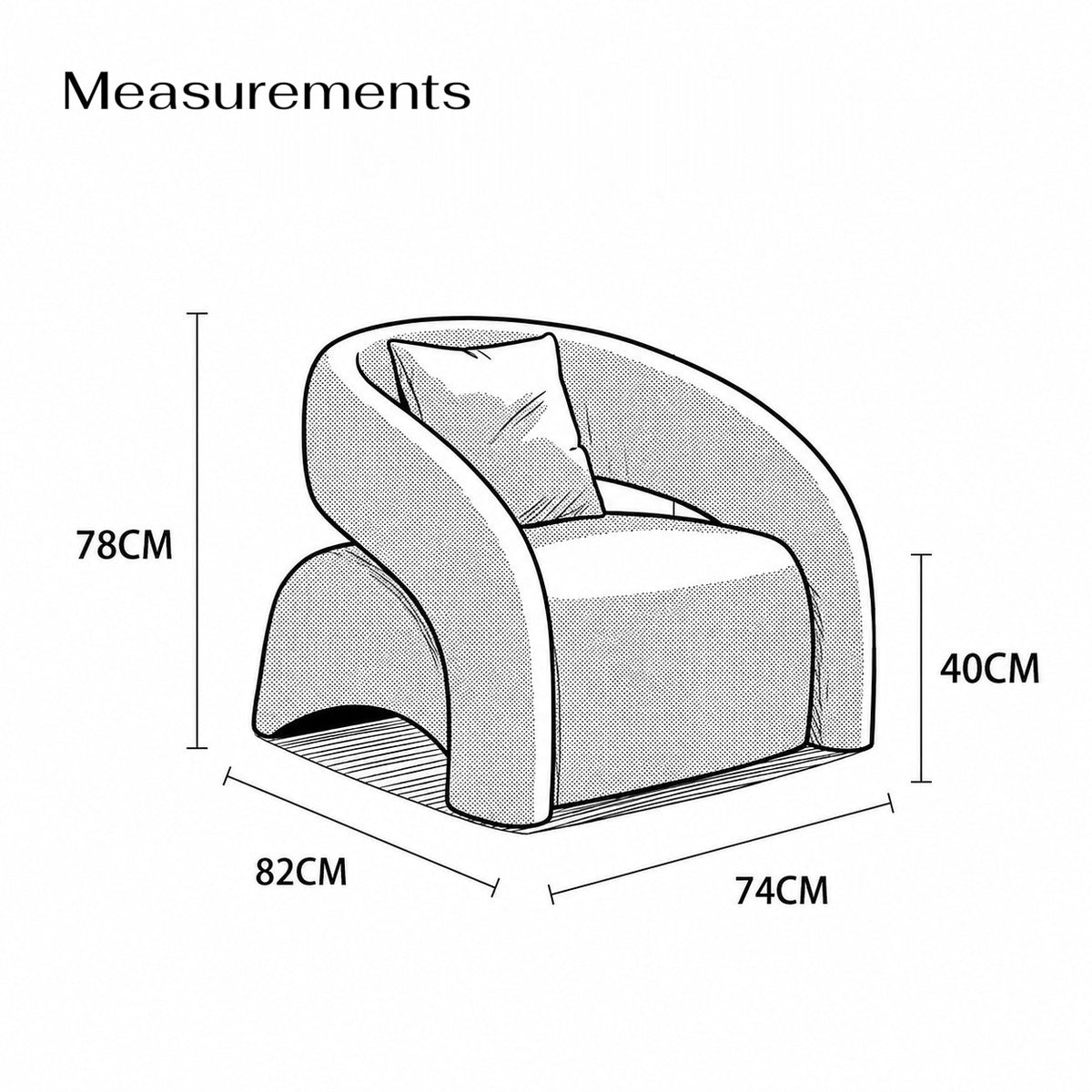 Measurement chart of a modern armchair with dimensions labeled.